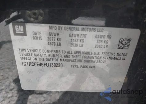 2015 Chevrolet Volt из США, поврежденный, VIN 1G1RC6E45FU130220